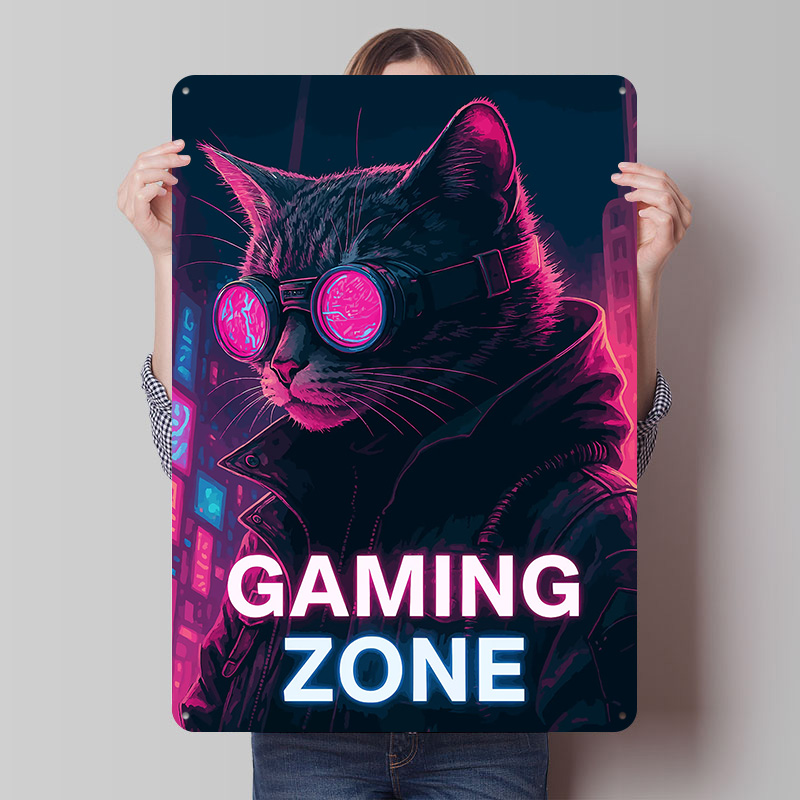 Retro Gaming Zone - Металлическая табличка-постер «Игровая зона Cyberpunk Cat»,