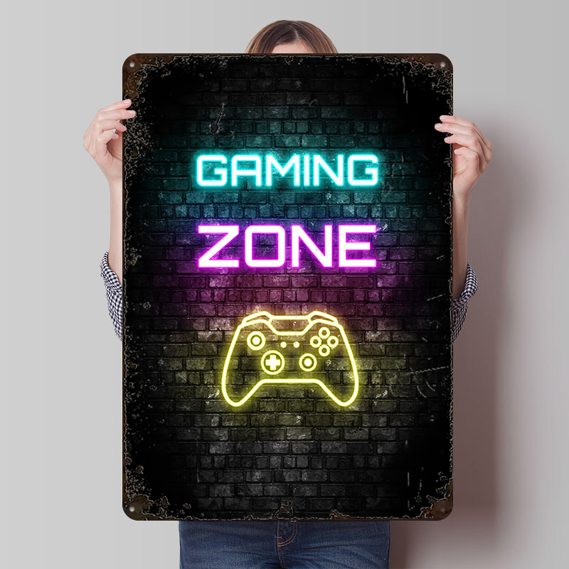 Retro Gaming Zone - Игровая зона, неоновая вывеска на кирпиче,